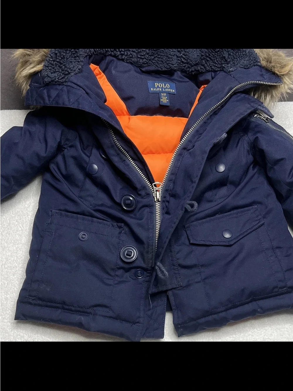 Ralph Lauren Navy Blue Puffer Jacket with Faux Fur Hood